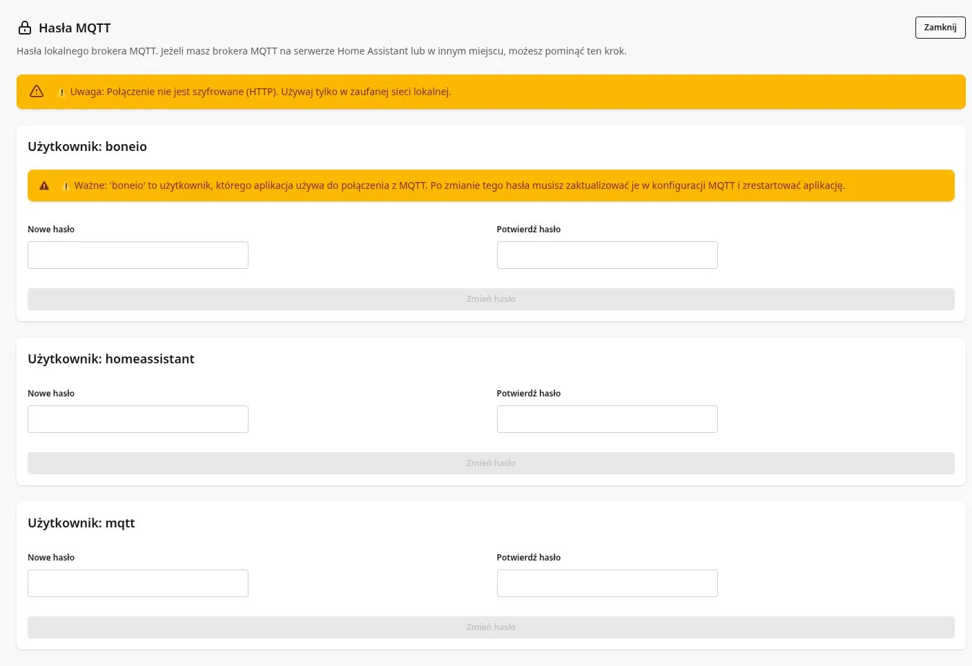 Zmiana hasła MQTT w System